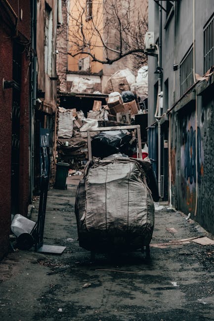 A narrow alleyway situated between two urban buildings, with one side featuring a metal door and graffiti-covered wall, and the other side showing a window with metal bars. In the foreground, a large, weathered trolley or bag made of light-colored, heavy-duty fabric is positioned on the uneven asphalt surface, which has visible cracks and patches. Behind the trolley, a pile of accumulated rubbish and discarded materials, including cardboard boxes, plastic bags, and miscellaneous debris, extends towards the back of the alley. The waste appears haphazardly stacked, with some items leaning against the building walls or piled atop each other. The background reveals additional waste stacks, with leafless tree branches visible above, suggesting an outdoor setting in a city environment experiencing colder seasons. The scene has a muted, subdued tone, emphasizing the clutter typical of an abandoned or neglected urban space where private waste disposal or rubbish removal services, such as those provided by House Clearance Ilford, might be required for an on-site clearance or alternative waste handling outside regular council collection.